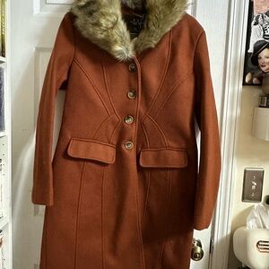 Women's Rust Coat with Faux Fur Collar
